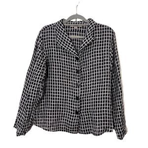 Flax Button‎ Front Shirt Women’s M Linen Plaid Black White Lagenlook